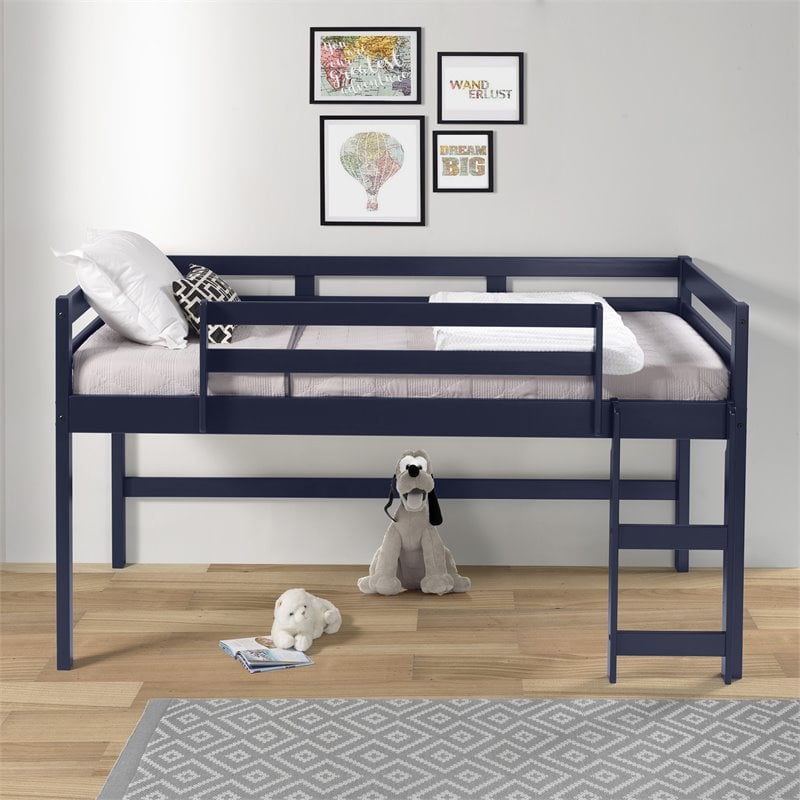 Pemberly Row Twin Wooden Loft Bed with Guard Rail and Ladder in Navy Blue