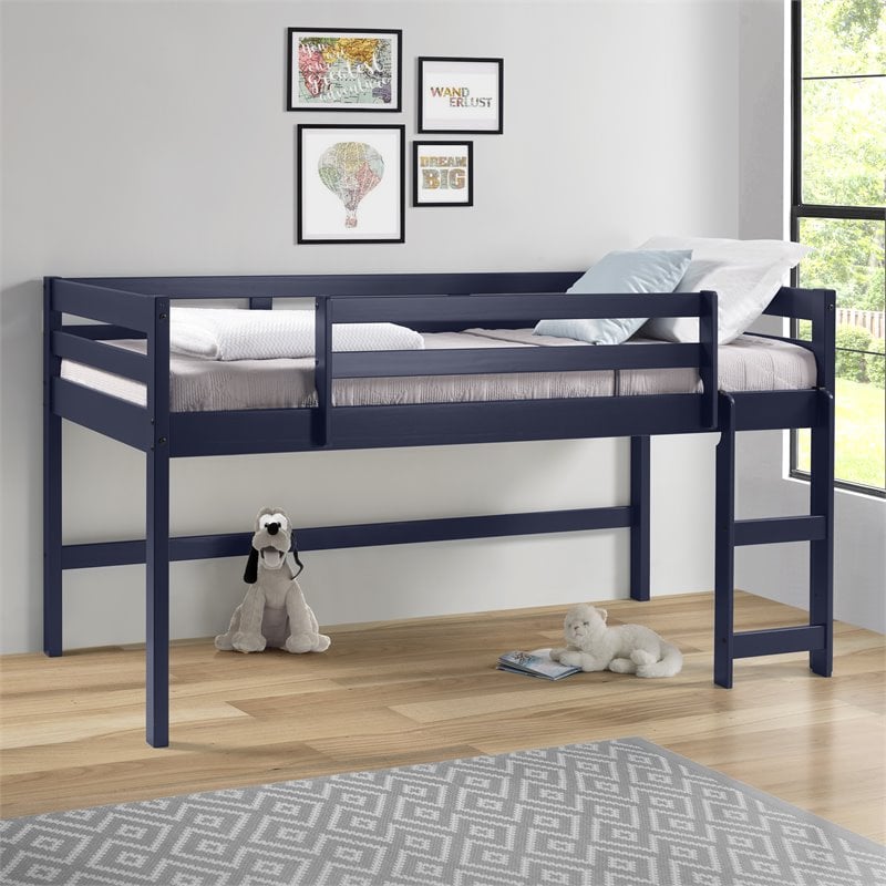 Pemberly Row Twin Wooden Loft Bed with Guard Rail and Ladder in Navy Blue