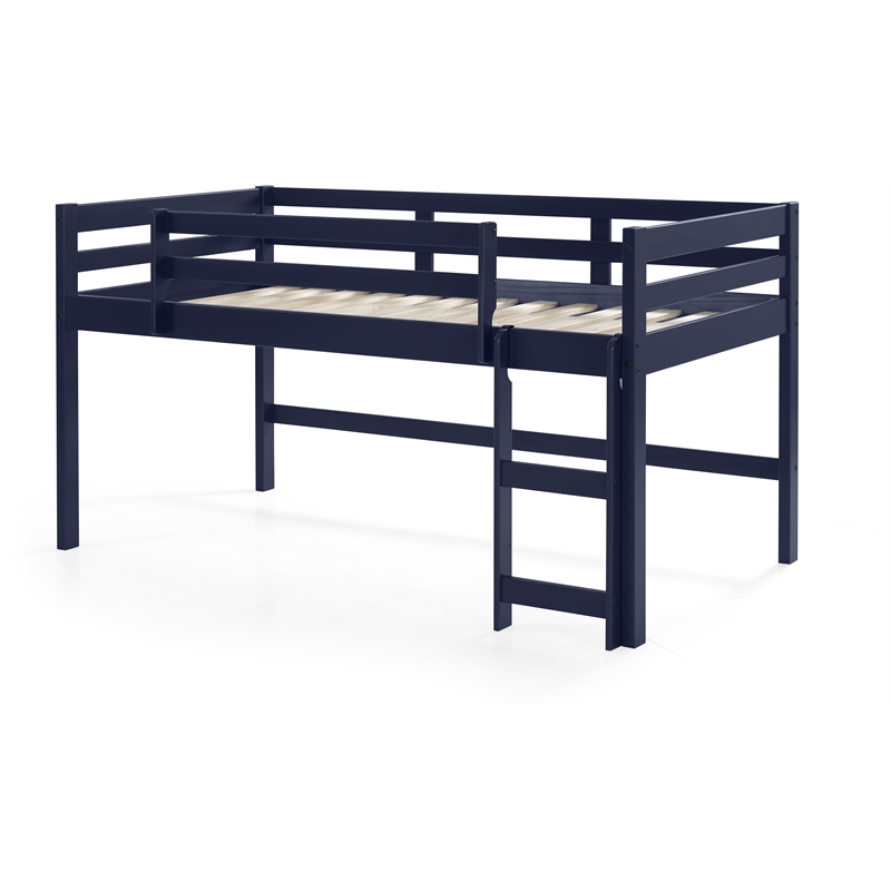 Pemberly Row Twin Wooden Loft Bed with Guard Rail and Ladder in Navy Blue