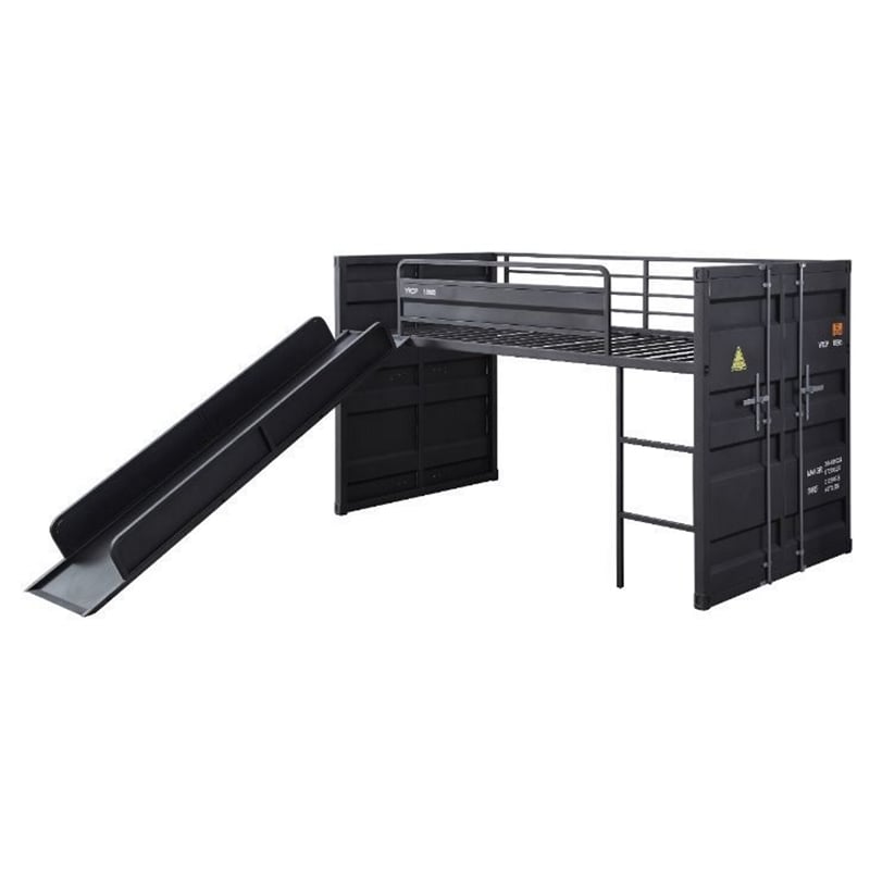 Pemberly Row Cargo Twin Metal Loft Bed with Slide and Slat System in Gunmetal