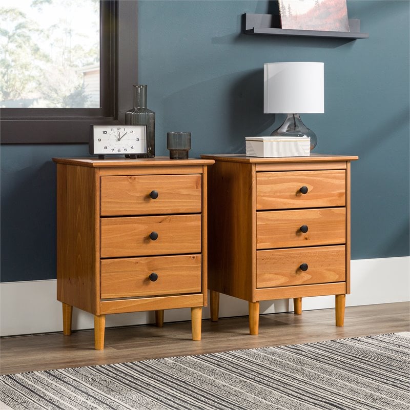 Pemberly Row Solid Wood 3-Drawer Bedroom Nightstand in Caramel (Set of 2)