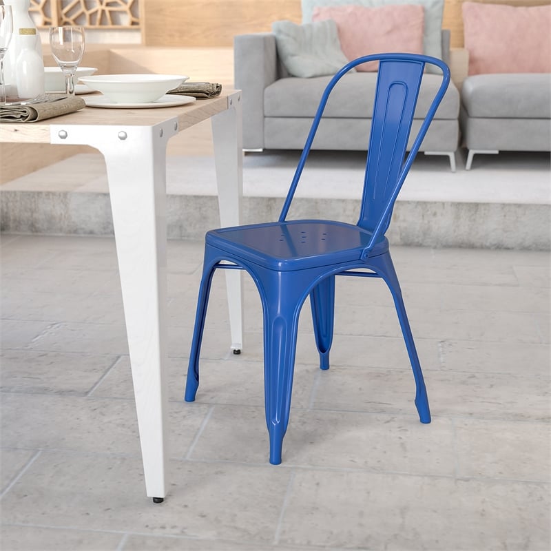 Pemberly Row Modern Metal Stackable Dining Side Chair in Blue