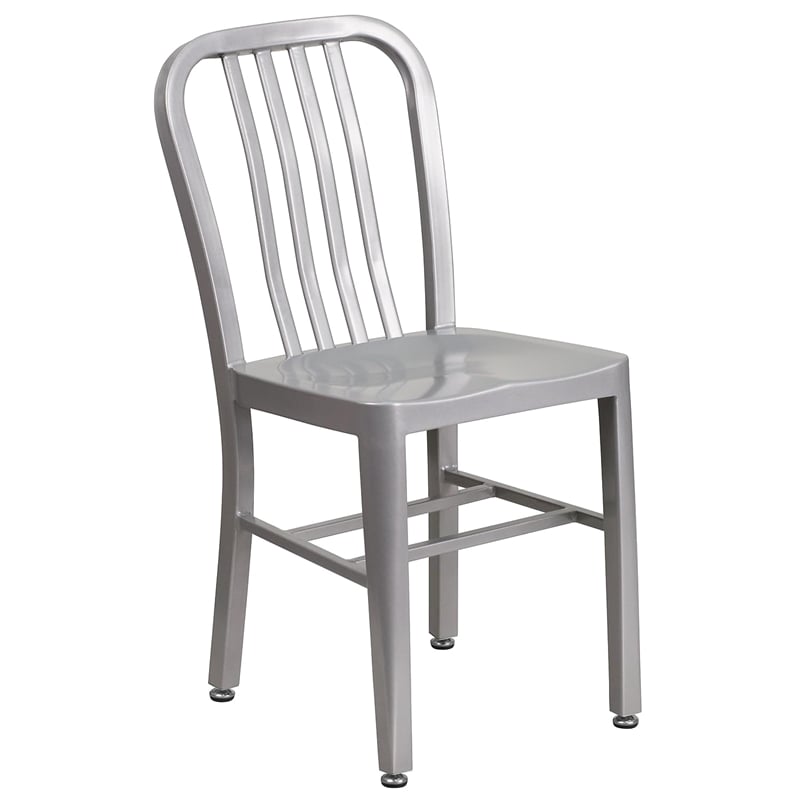 Pemberly Row Metal Vertical Slat Back Dining Side Chair in Silver
