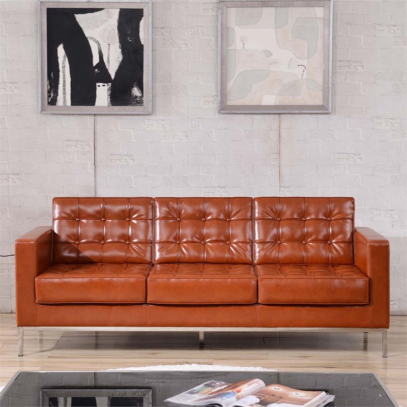 Pemberly Row Modern / Contemporary Leather Reception Sofa in Cognac Brown