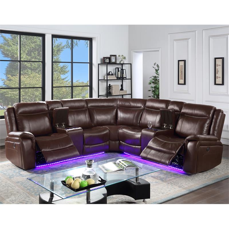 Pemberly Row Cocoa Brown Faux Leather 3-Piece Power Reclining Sectional