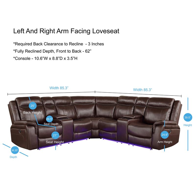 Pemberly Row Cocoa Brown Faux Leather 3-Piece Power Reclining Sectional
