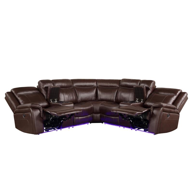 Pemberly Row Cocoa Brown Faux Leather 3-Piece Power Reclining Sectional