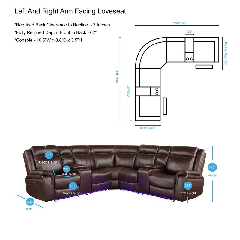 Pemberly Row Cocoa Brown Faux Leather 3-Piece Power Reclining Sectional