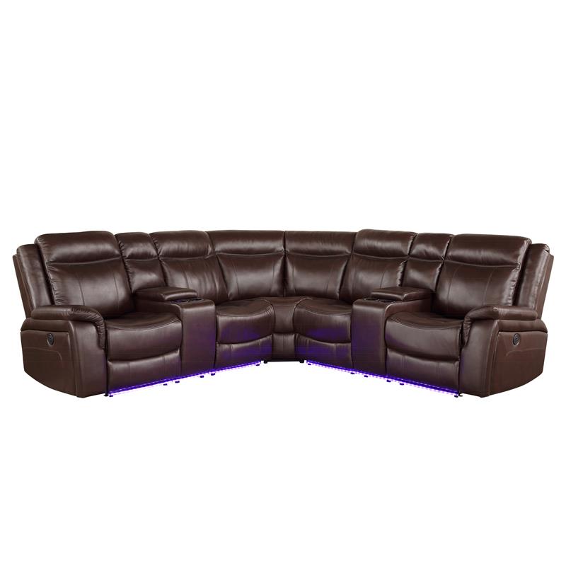Pemberly Row Cocoa Brown Faux Leather 3-Piece Power Reclining Sectional