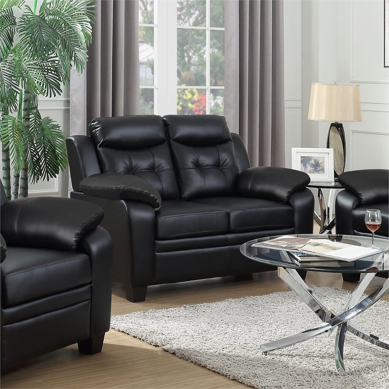 Pemberly Row Faux Leather Tufted Upholstered Loveseat in Black