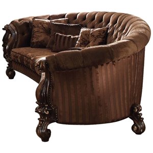 Pemberly Row Versailles Sofa with 5 Pillows in Brown Velvet and Cherry Oak