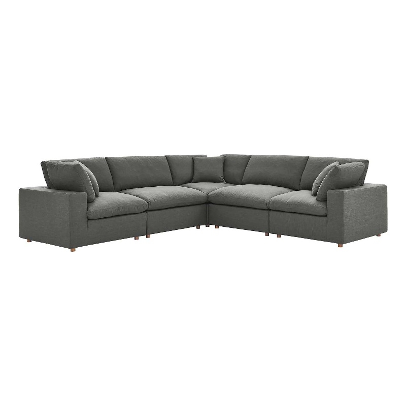 Pemberly Row 5 Piece Down Filled Overstuffed Sectional Sofa Set in Gray