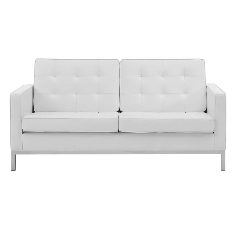 Pemberly Row Modern Faux Leather Tufted Upholstered Loveseat in White/Silver