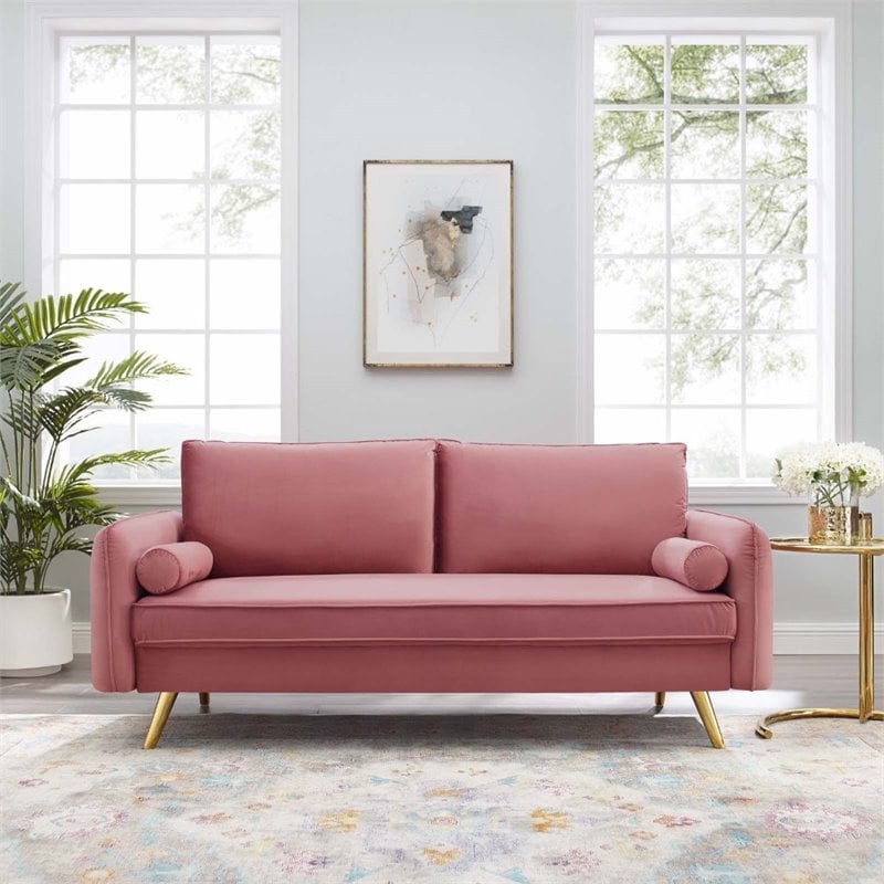 Pemberly Row Contemporary Performance Velvet Upholstered Sofa in Dusty Rose