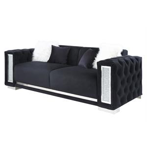 Pemberly Row Button Tufted Sofa with 4 Pillows in Black Velvet