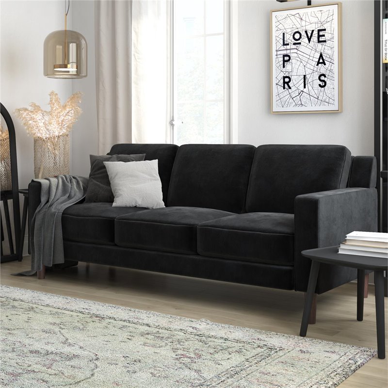 Pemberly Row 3 Seater Living Room Upholstered Sofa in Black Velvet