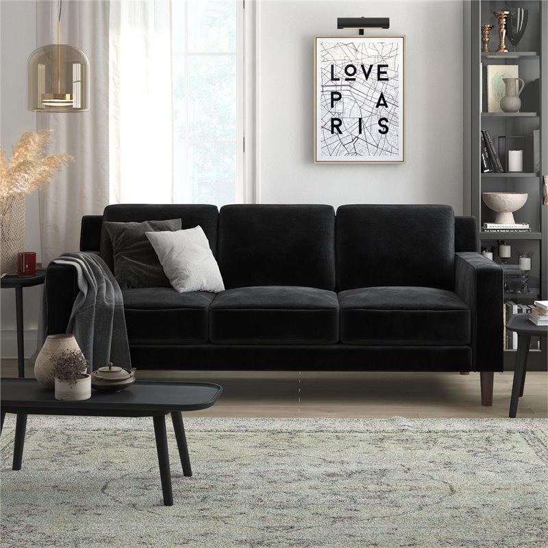 Pemberly Row 3 Seater Living Room Upholstered Sofa in Black Velvet