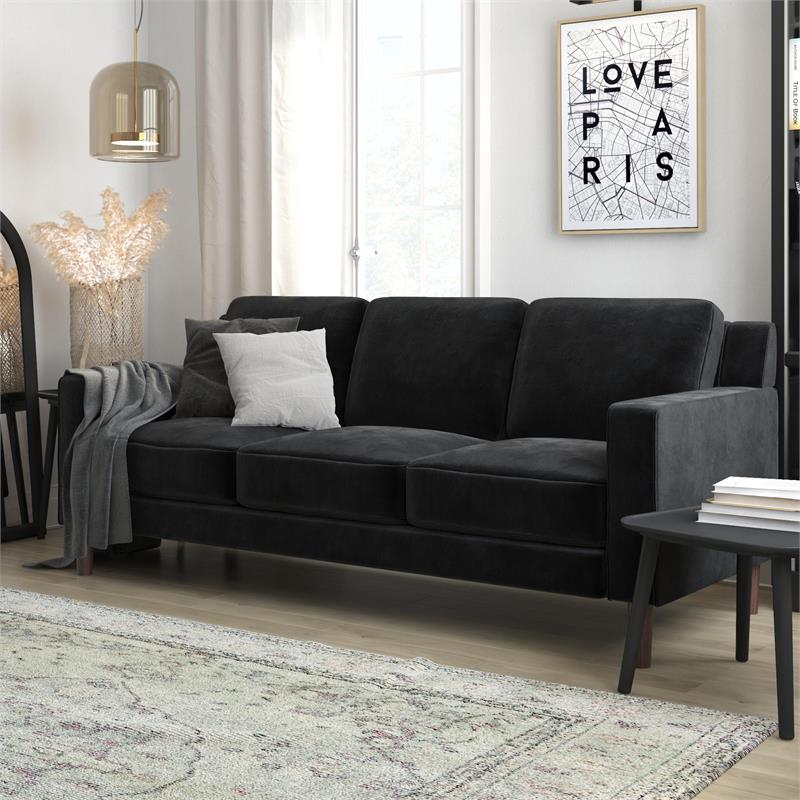 Pemberly Row 3 Seater Living Room Upholstered Sofa in Black Velvet