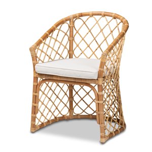 Pemberly Row White Fabric Upholstered and Brown Rattan Dining Chair