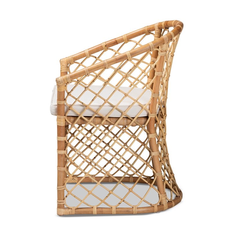 Pemberly Row White Fabric Upholstered and Brown Rattan Dining Chair