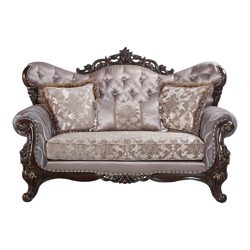 Pemberly Row Fabric Loveseat with 3 Pillows in Taupe and Antique Oak