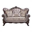 Pemberly Row Fabric Loveseat with 3 Pillows in Taupe and Antique Oak