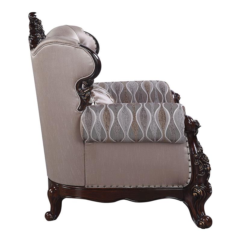 Pemberly Row Fabric Loveseat with 3 Pillows in Taupe and Antique Oak