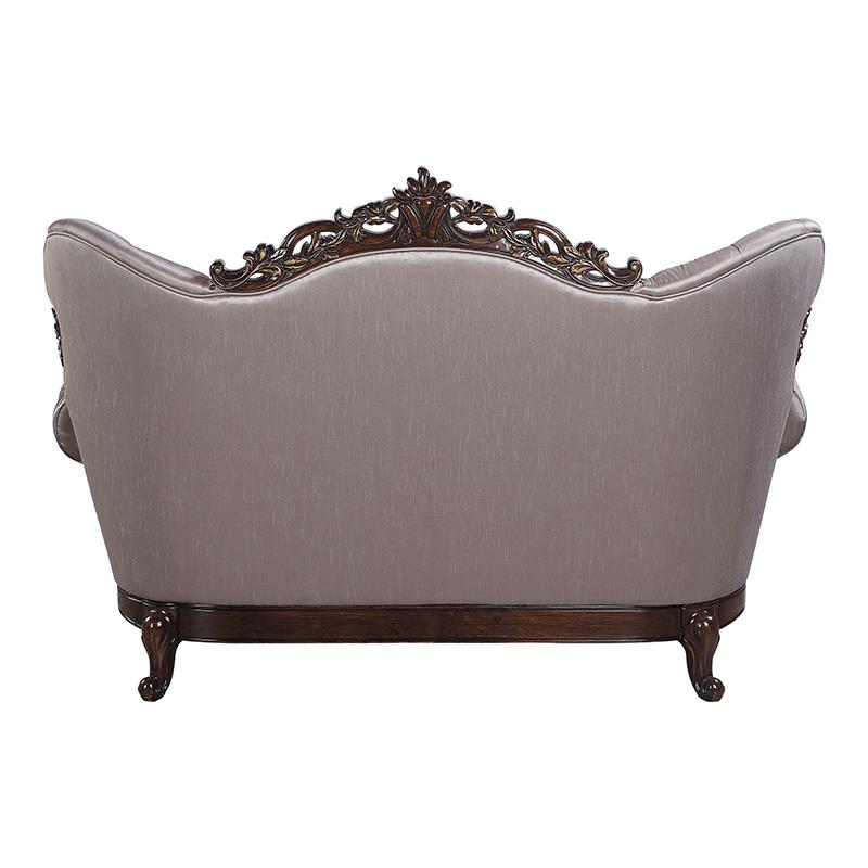 Pemberly Row Fabric Loveseat with 3 Pillows in Taupe and Antique Oak