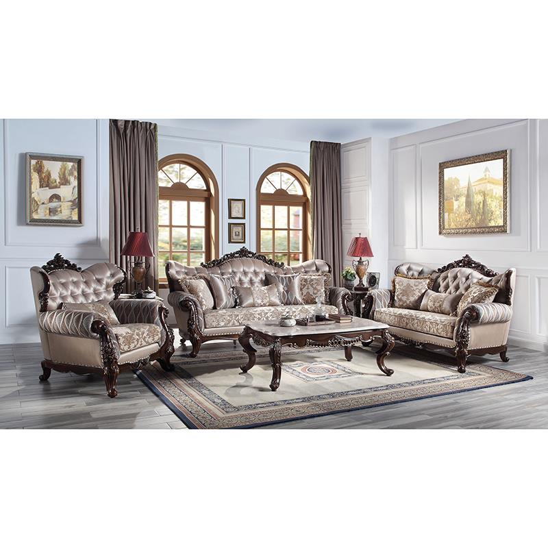 Pemberly Row Fabric Loveseat with 3 Pillows in Taupe and Antique Oak