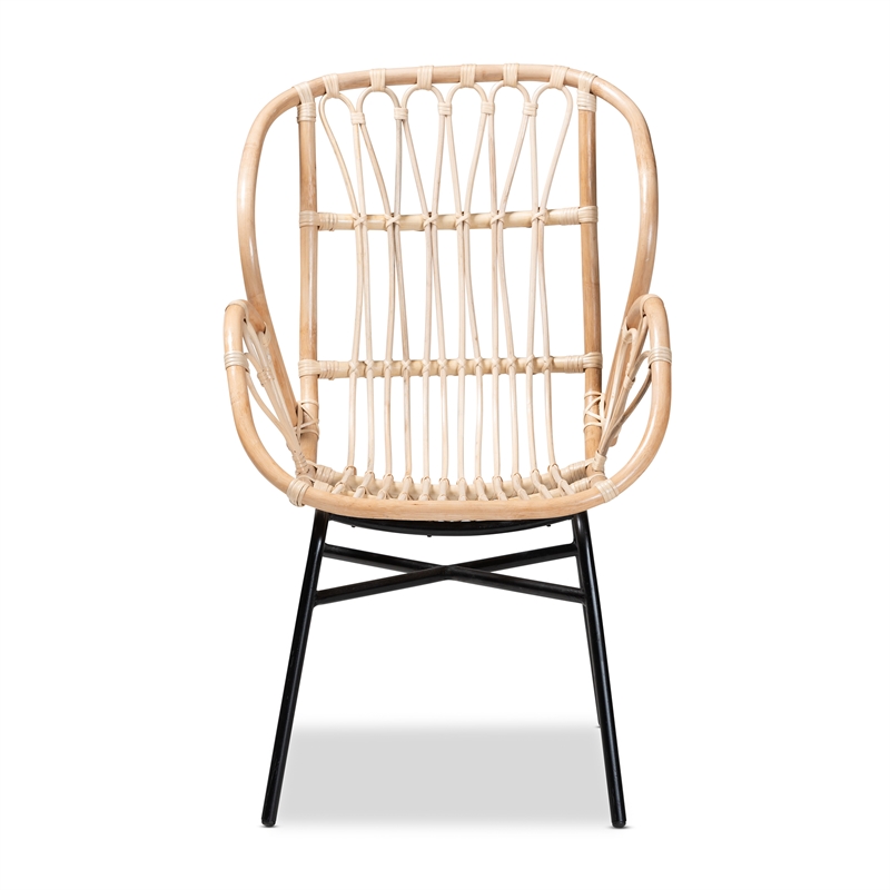 Pemberly Row Modern Bohemian Natural Brown Rattan and Black Metal Chair