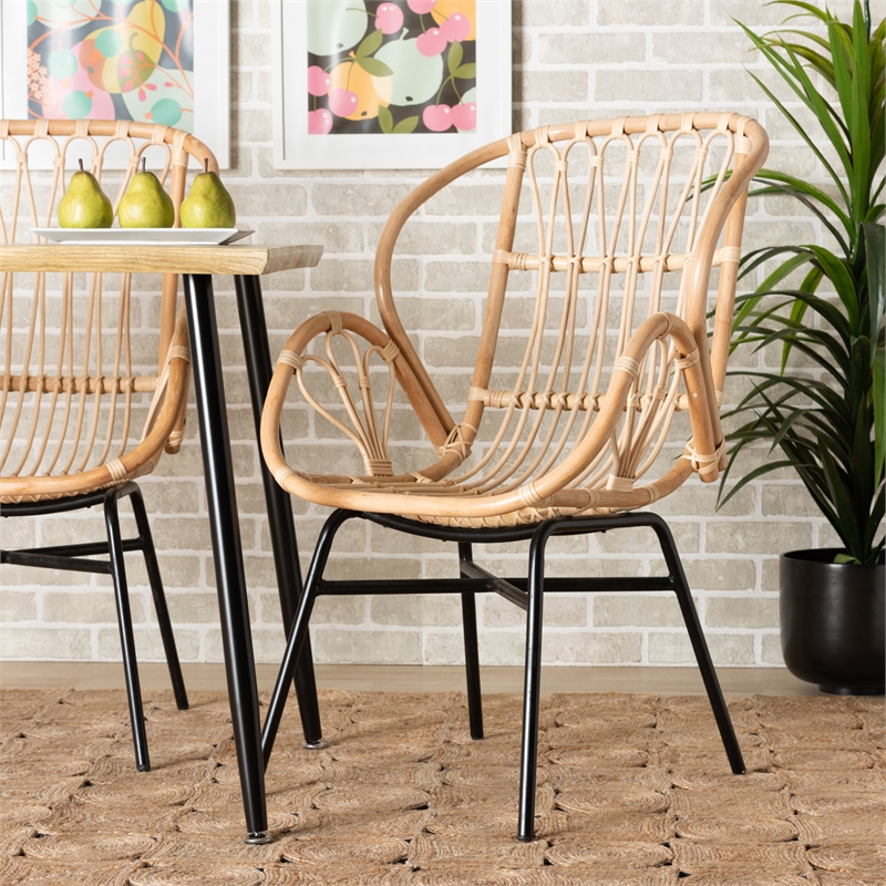 Pemberly Row Modern Bohemian Natural Brown Rattan and Black Metal Chair