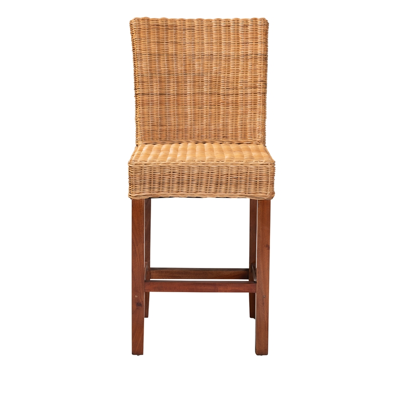 Pemberly Row Modern Natural Rattan and Mahogany Wood Counter Stool