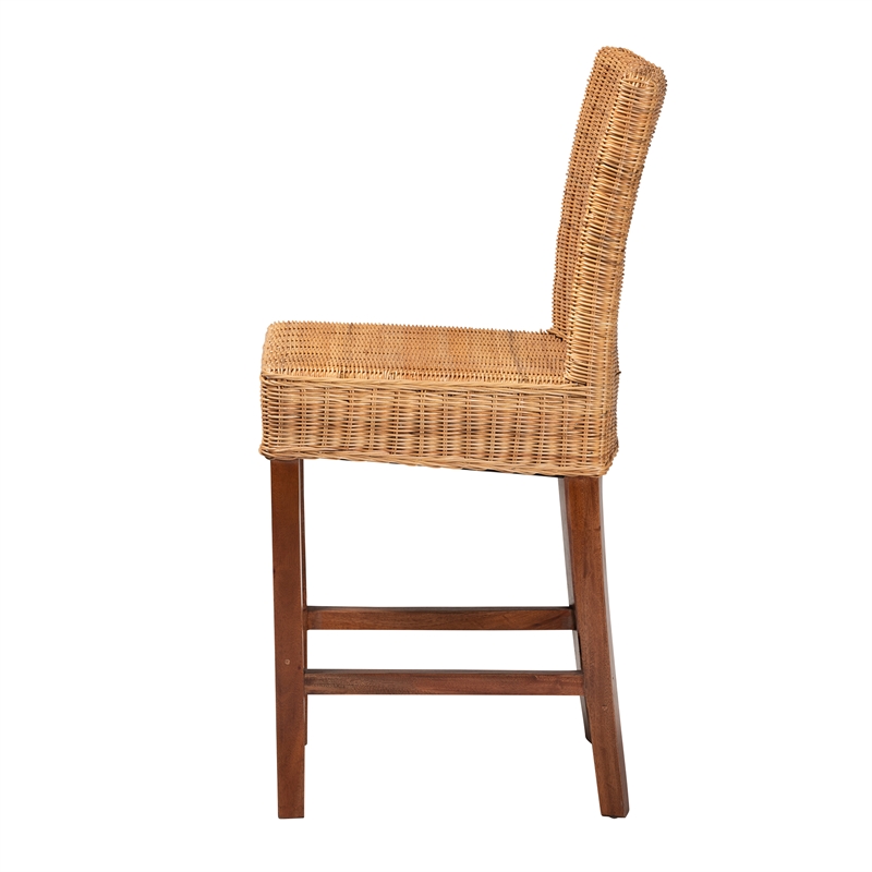 Pemberly Row Modern Natural Rattan and Mahogany Wood Counter Stool