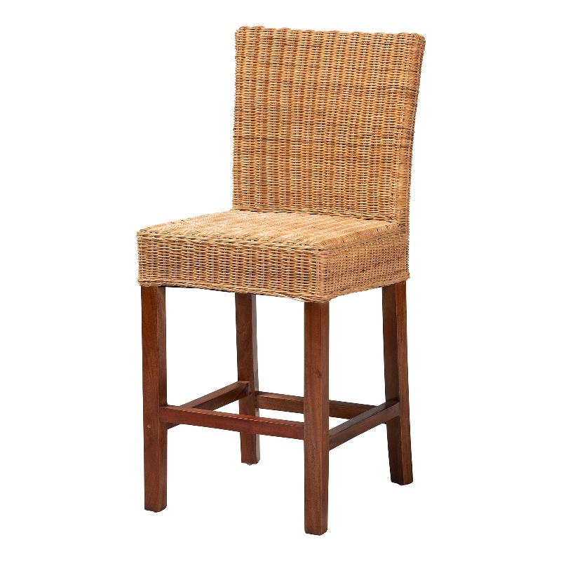 Pemberly Row Modern Natural Rattan and Mahogany Wood Counter Stool
