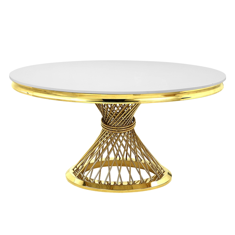 Pemberly Row Round Marble Top Dining Table in Mirrored Gold Finish
