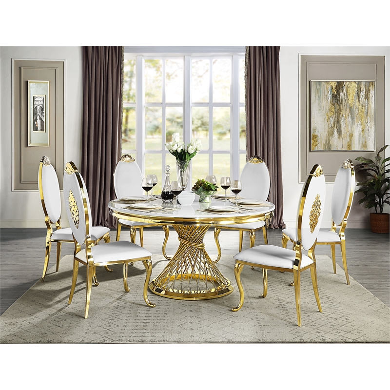 Pemberly Row Round Marble Top Dining Table in Mirrored Gold Finish