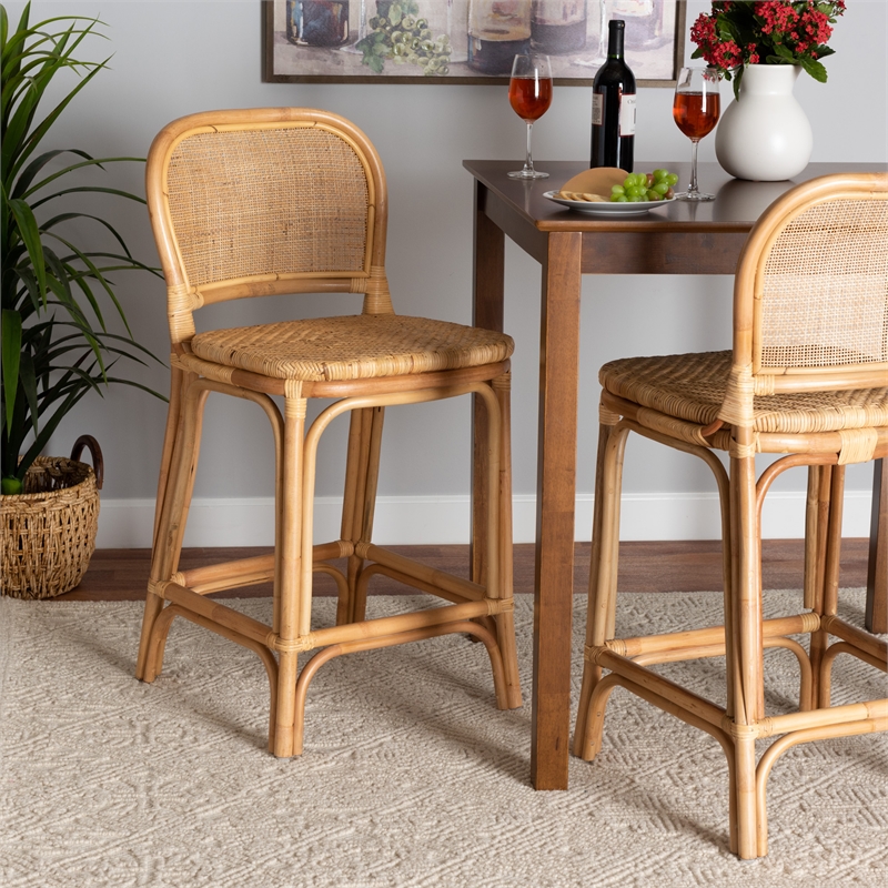 Pemberly Row Modern Bohemian Natural Brown Rattan Counter Stool
