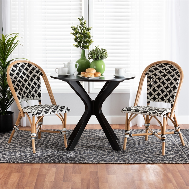 Pemberly Row French Black and White Weaving Natural Rattan Bistro Chair