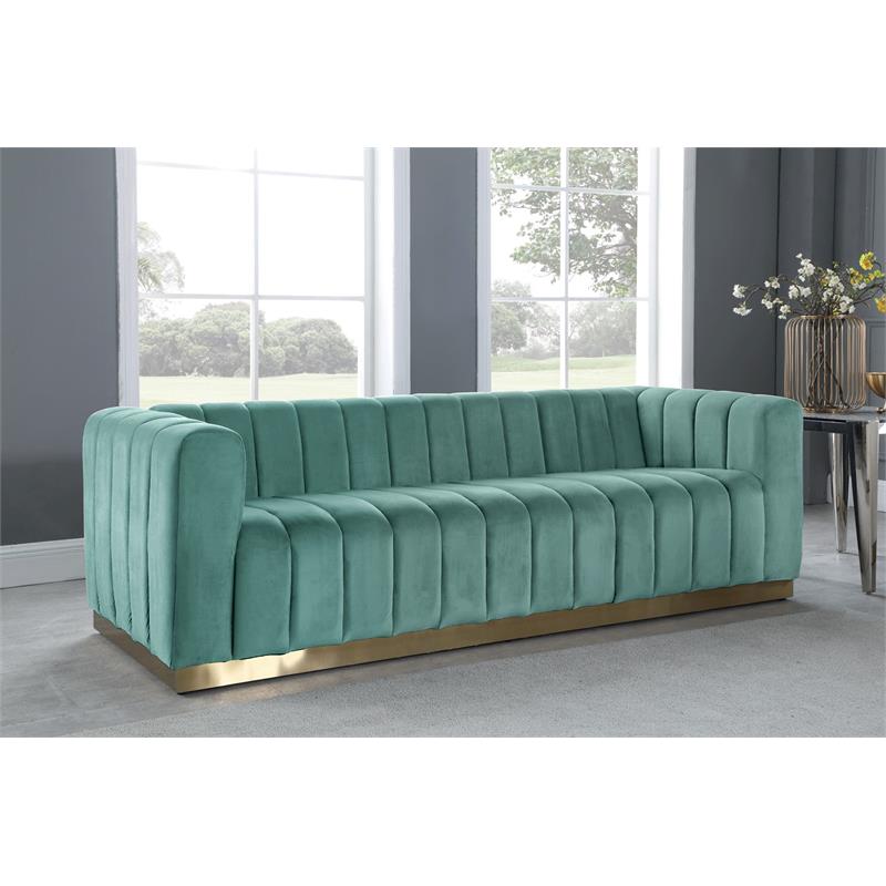 Pemberly Row Contemporary Velvet/Stainless Steel Sofa in Mint/Brushed Gold