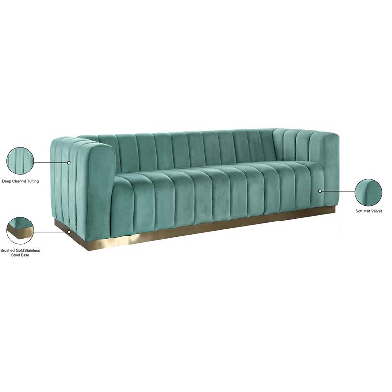 Pemberly Row Contemporary Velvet/Stainless Steel Sofa in Mint/Brushed Gold