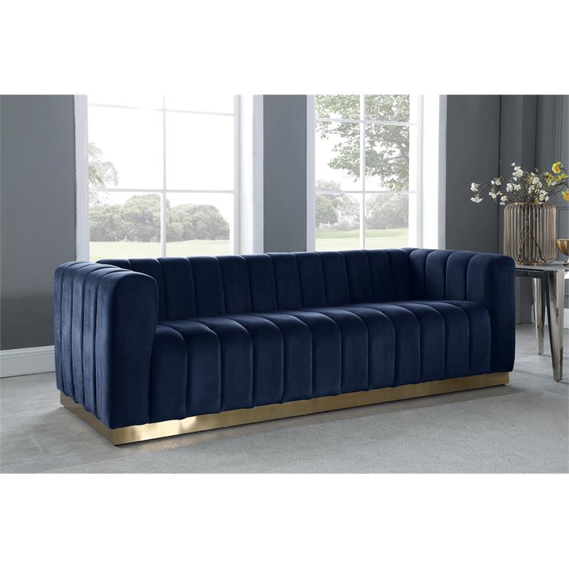 Pemberly Row Contemporary Velvet/Stainless Steel Sofa in Navy/Brushed Gold