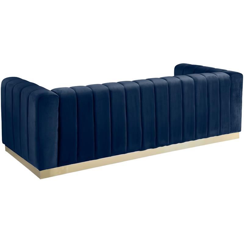Pemberly Row Contemporary Velvet/Stainless Steel Sofa in Navy/Brushed Gold