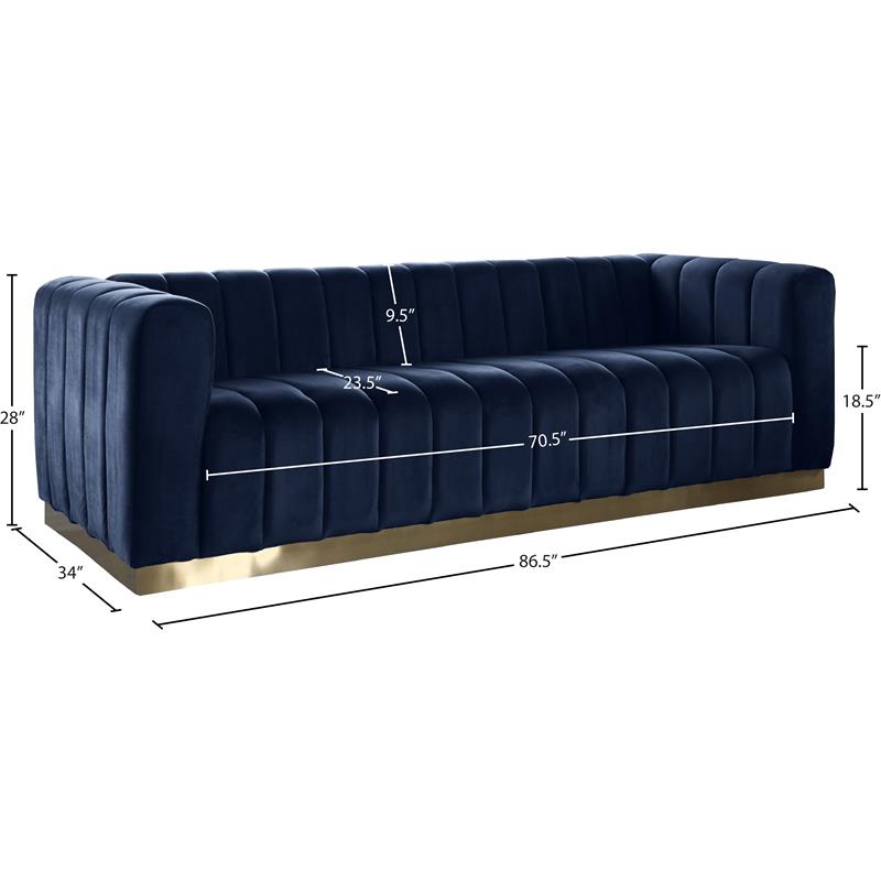 Pemberly Row Contemporary Velvet/Stainless Steel Sofa in Navy/Brushed Gold