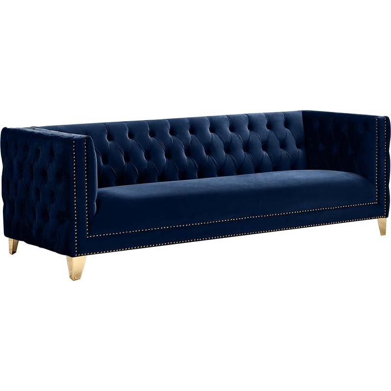 Pemberly Row Upholstered Contemporary Velvet and Iron Sofa in Navy