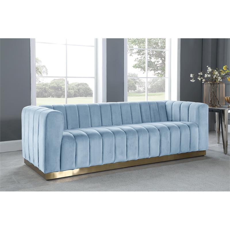 Pemberly Row Contemporary Velvet/Stainless Steel Sofa in Sky Blue/Brushed Gold