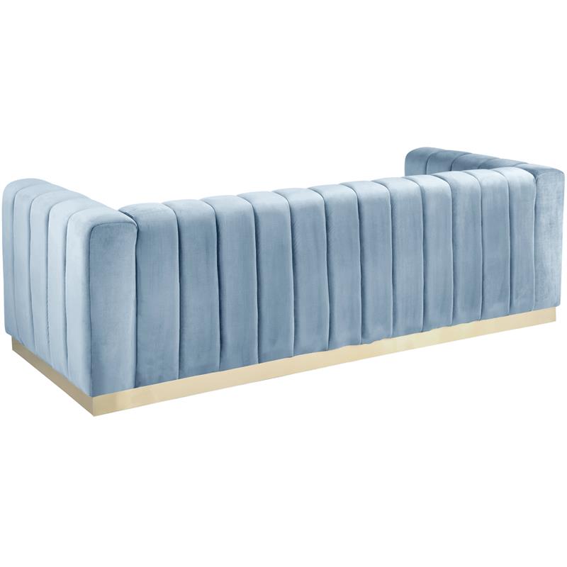 Pemberly Row Contemporary Velvet/Stainless Steel Sofa in Sky Blue/Brushed Gold
