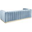 Pemberly Row Contemporary Velvet/Stainless Steel Sofa in Sky Blue/Brushed Gold