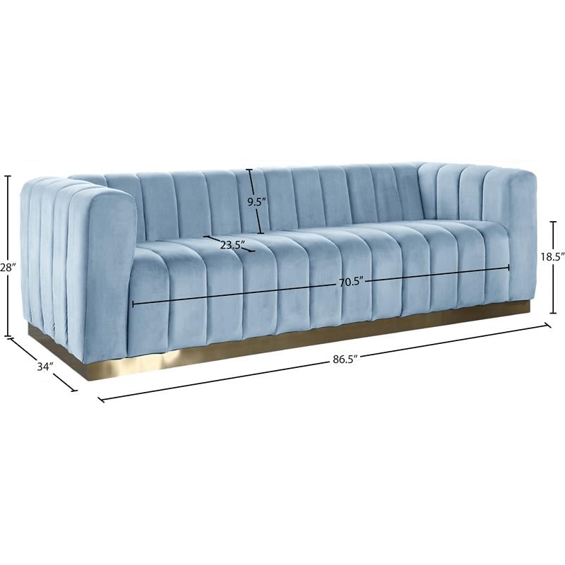 Pemberly Row Contemporary Velvet/Stainless Steel Sofa in Sky Blue/Brushed Gold