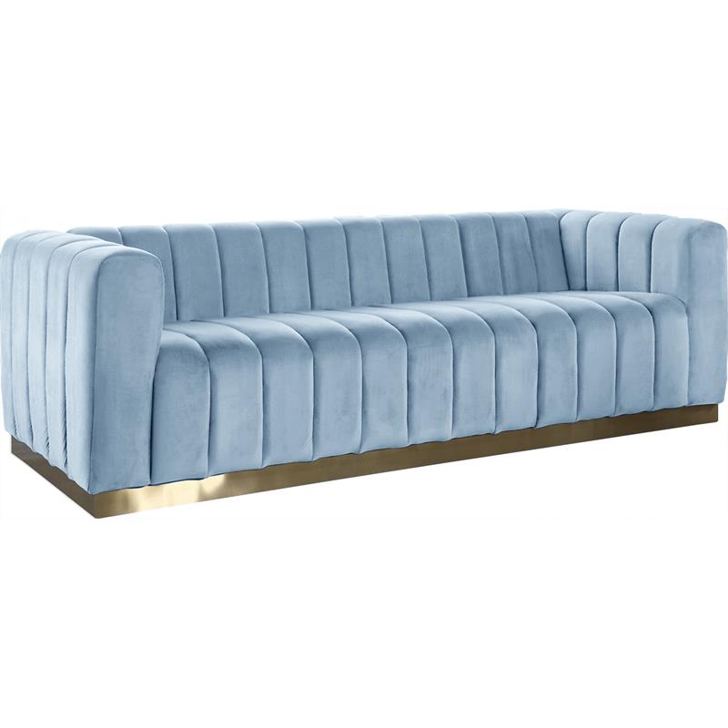 Pemberly Row Contemporary Velvet/Stainless Steel Sofa in Sky Blue/Brushed Gold