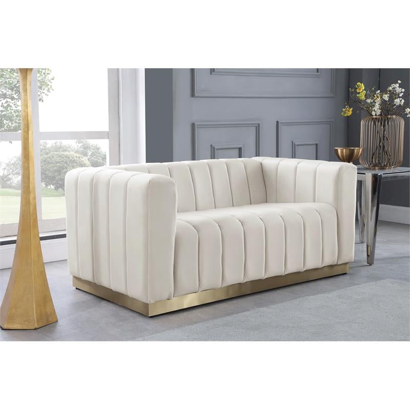 Pemberly Row Contemporary Velvet/Stainless Steel Loveseat in Cream/Brushed Gold